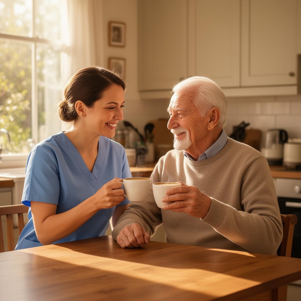 Caregiver and elderly man sharing coffee in a warm kitchen