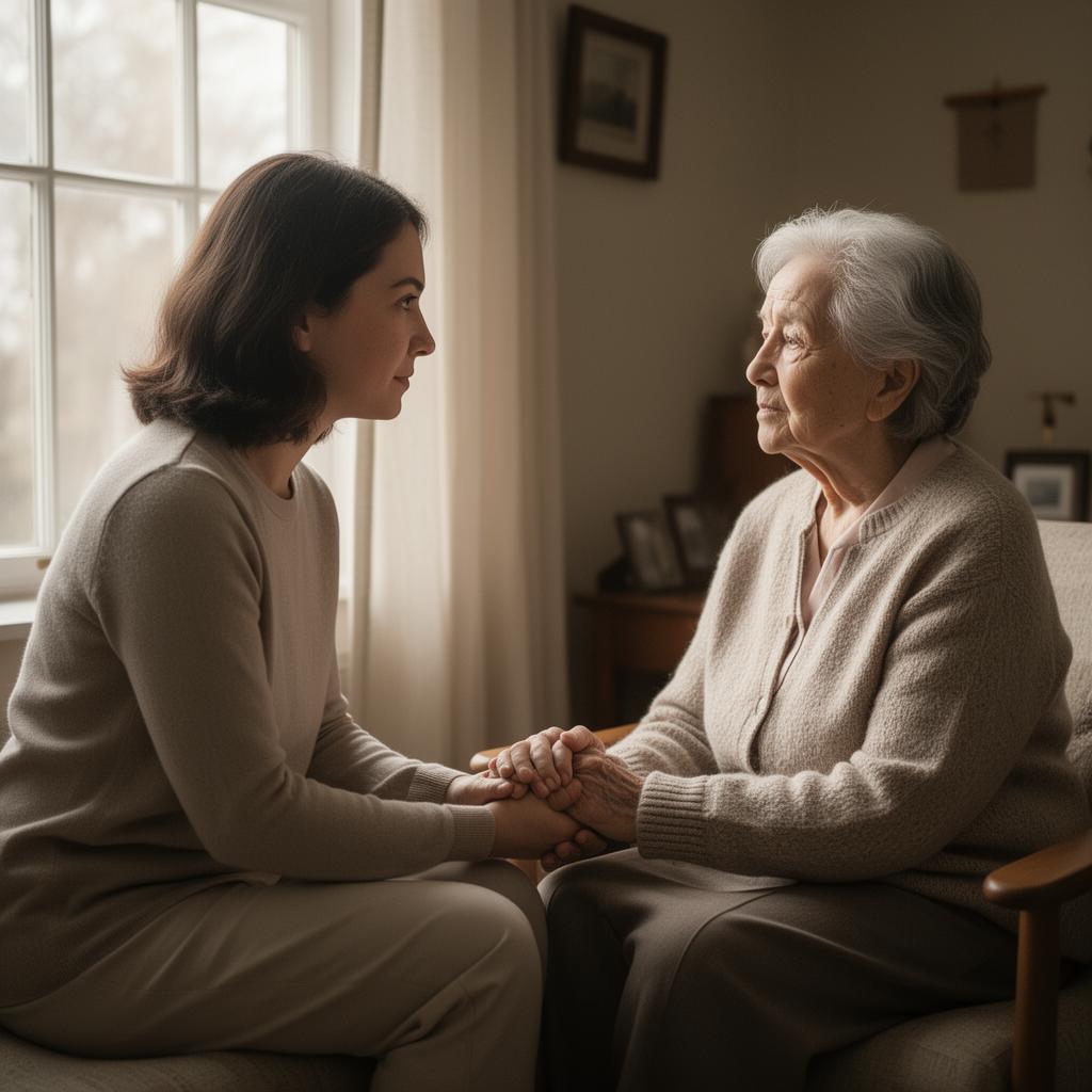 Adult daughter visiting her elderly mother by a window